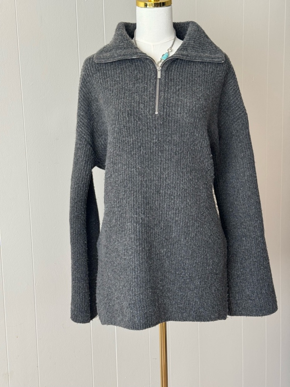 H&M Dark Charcoal Ribbed Half-Zip Turtleneck Sweater